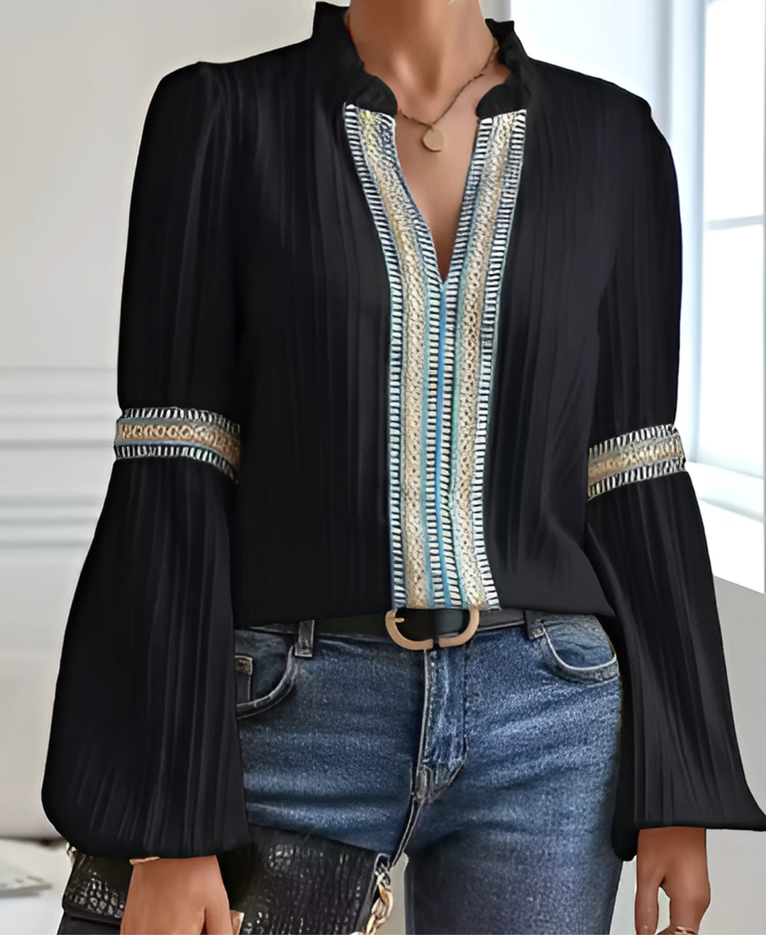 Women’s Long Sleeve Ruffle Neck Blouse with Embroidery and Puff Sleeves
