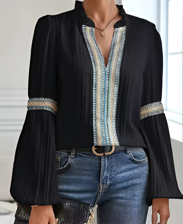 Women’s Long Sleeve Ruffle Neck Blouse with Embroidery and Puff Sleeves