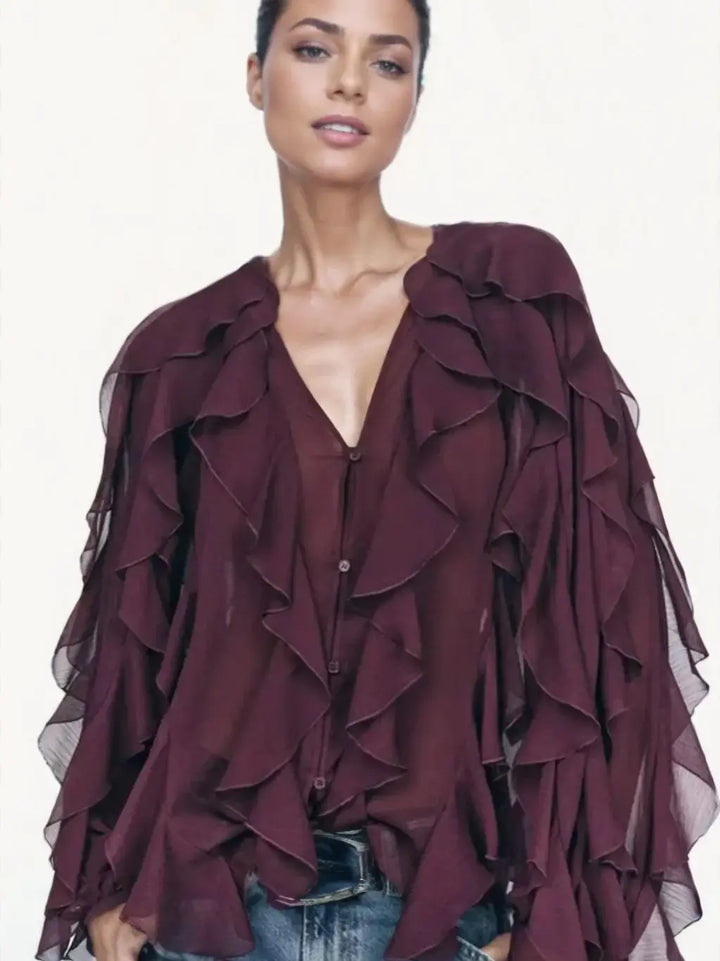 Women's Long Sleeve Ruffle Trim Blouse with Button Front and V-Neckline