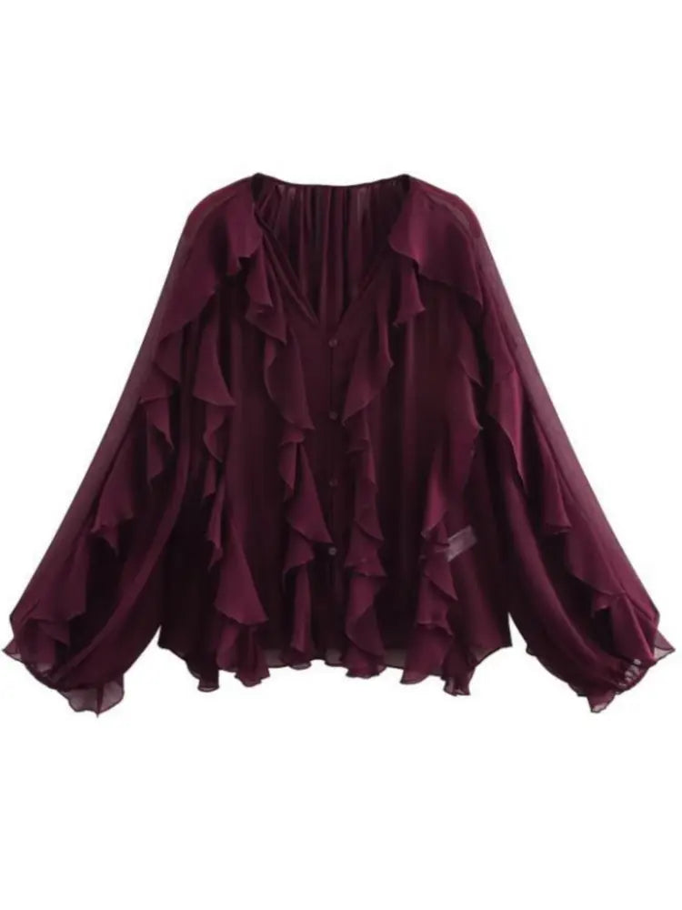 Women's Long Sleeve Ruffle Trim Blouse with Button Front and V-Neckline