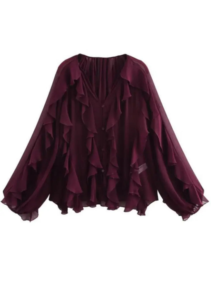 Women's Long Sleeve Ruffle Trim Blouse with Button Front and V-Neckline