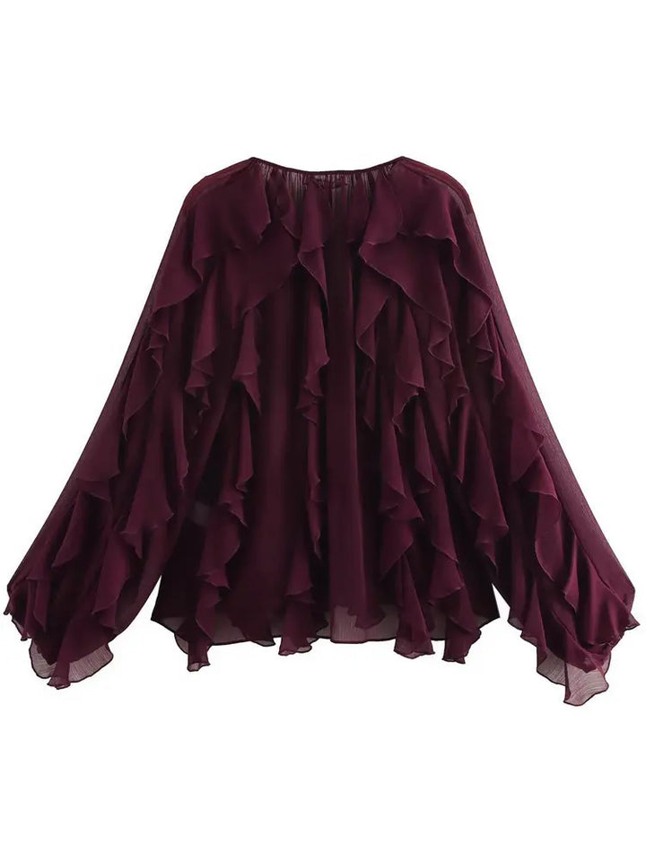 Women's Long Sleeve Ruffle Trim Blouse with Button Front and V-Neckline