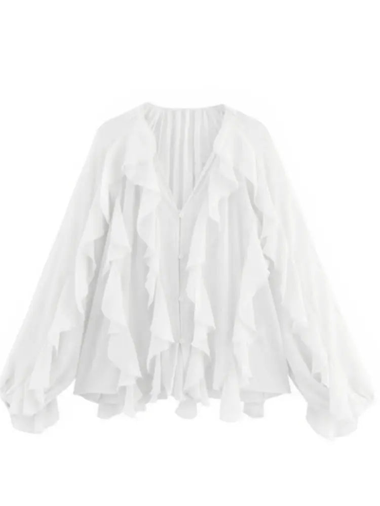 Women's Long Sleeve Ruffle Trim Blouse with Button Front and V-Neckline