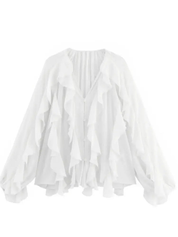 Women's Long Sleeve Ruffle Trim Blouse with Button Front and V-Neckline