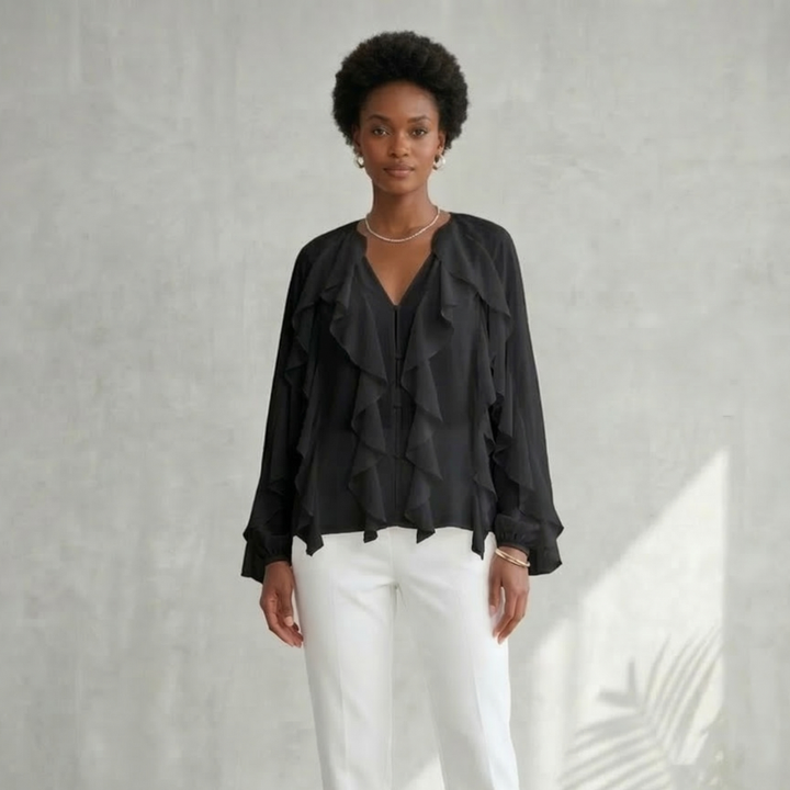 Women's Long Sleeve Ruffle Trim Blouse with Button Front and V-Neckline