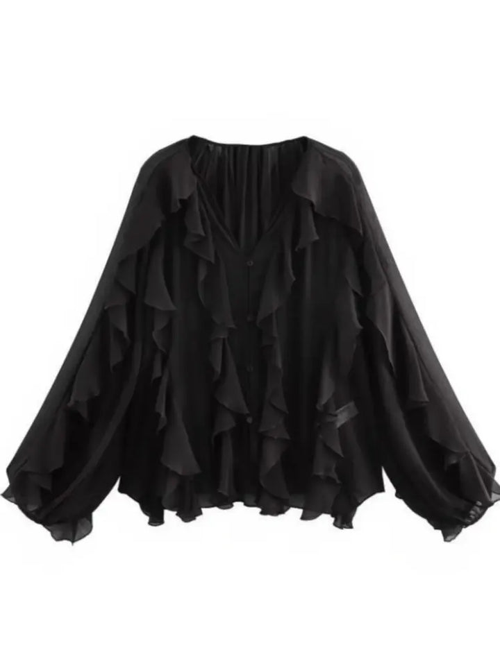 Women's Long Sleeve Ruffle Trim Blouse with Button Front and V-Neckline