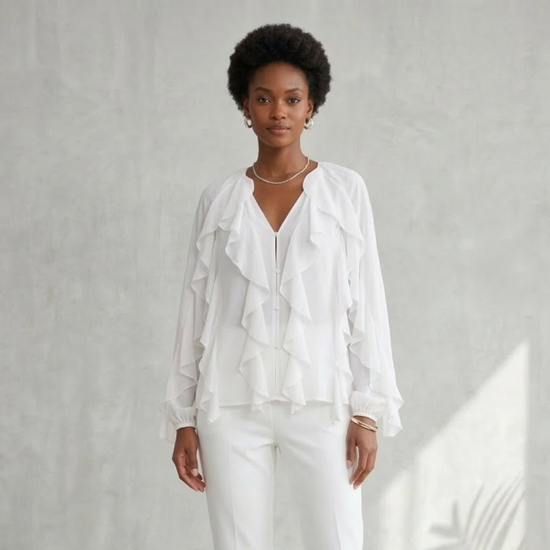 Women's Long Sleeve Ruffle Trim Blouse with Button Front and V-Neckline