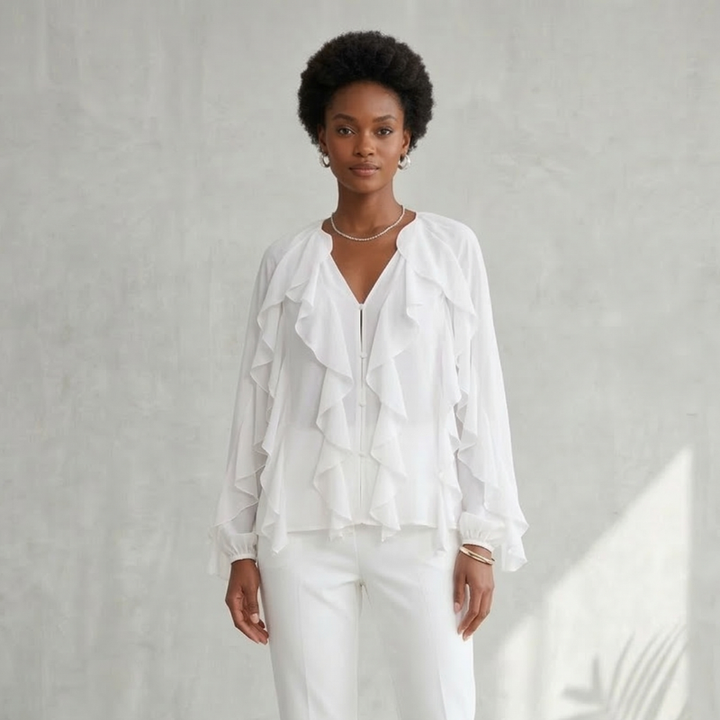 Women's Long Sleeve Ruffle Trim Blouse with Button Front and V-Neckline