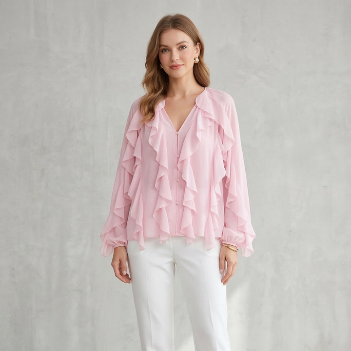 Women's Long Sleeve Ruffle Trim Blouse with Button Front and V-Neckline