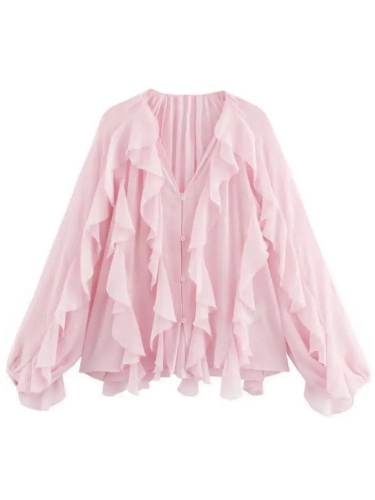 Women's Long Sleeve Ruffle Trim Blouse with Button Front and V-Neckline