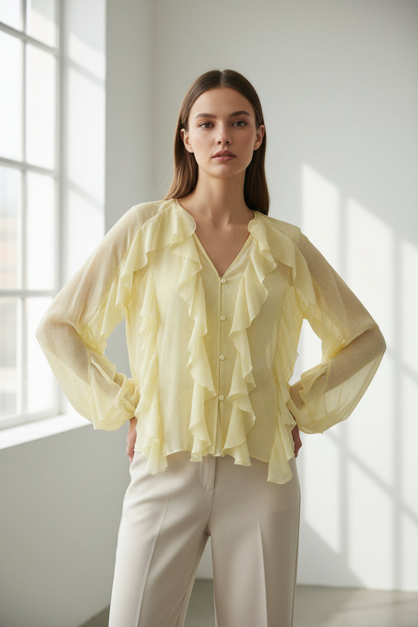 Women's Long Sleeve Ruffle Trim Blouse with Button Front and V-Neckline