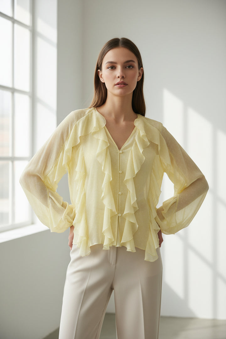 Women's Long Sleeve Ruffle Trim Blouse with Button Front and V-Neckline