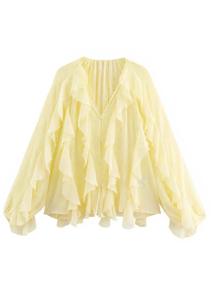 Women's Long Sleeve Ruffle Trim Blouse with Button Front and V-Neckline