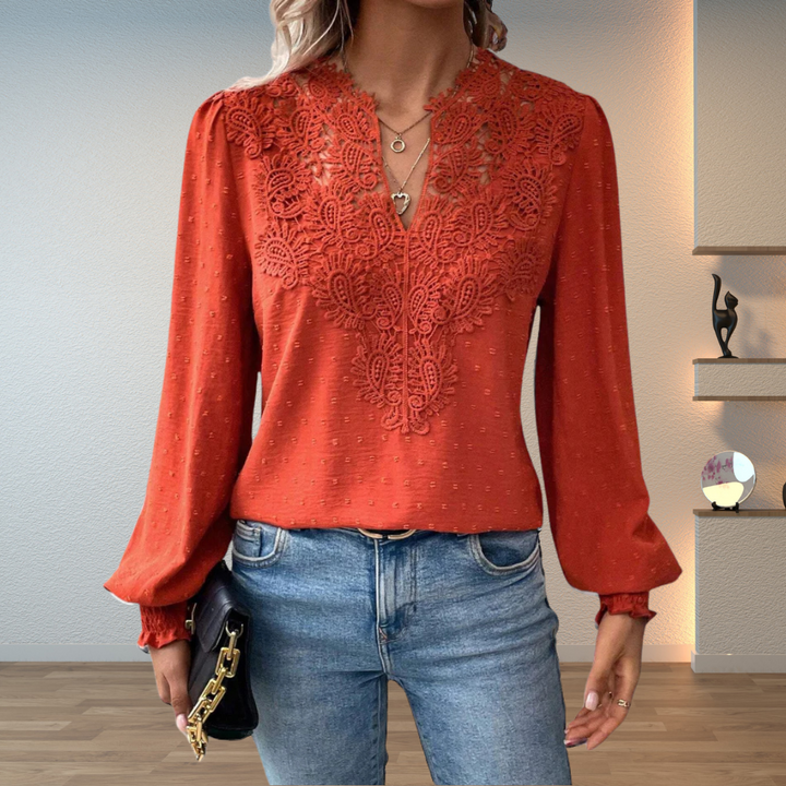 Women’s Long Sleeve V-Neck Blouse with Dot Pattern and Ruffle Cuffs