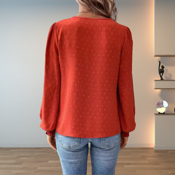 Women’s Long Sleeve V-Neck Blouse with Dot Pattern and Ruffle Cuffs