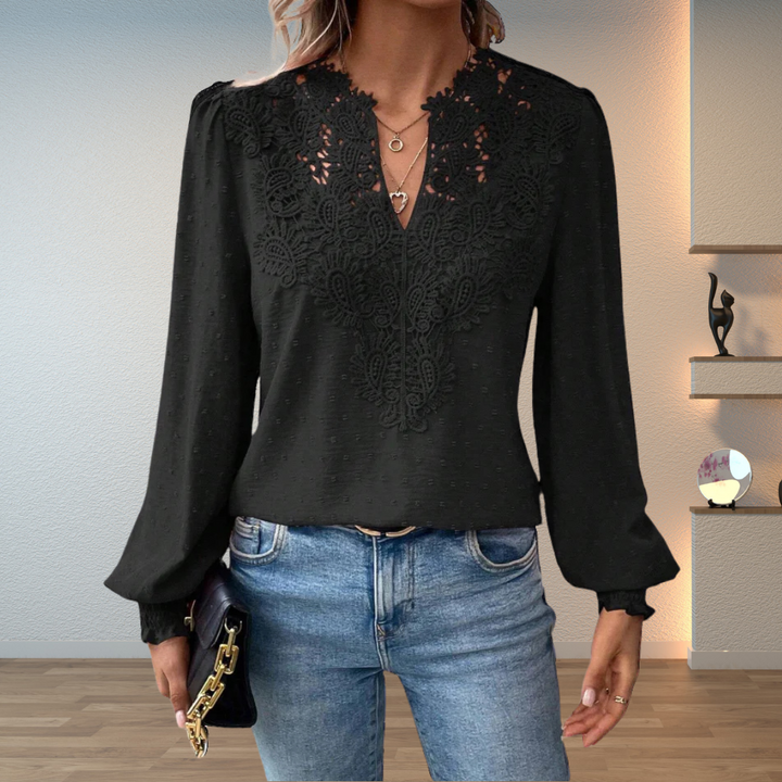 Women’s Long Sleeve V-Neck Blouse with Dot Pattern and Ruffle Cuffs