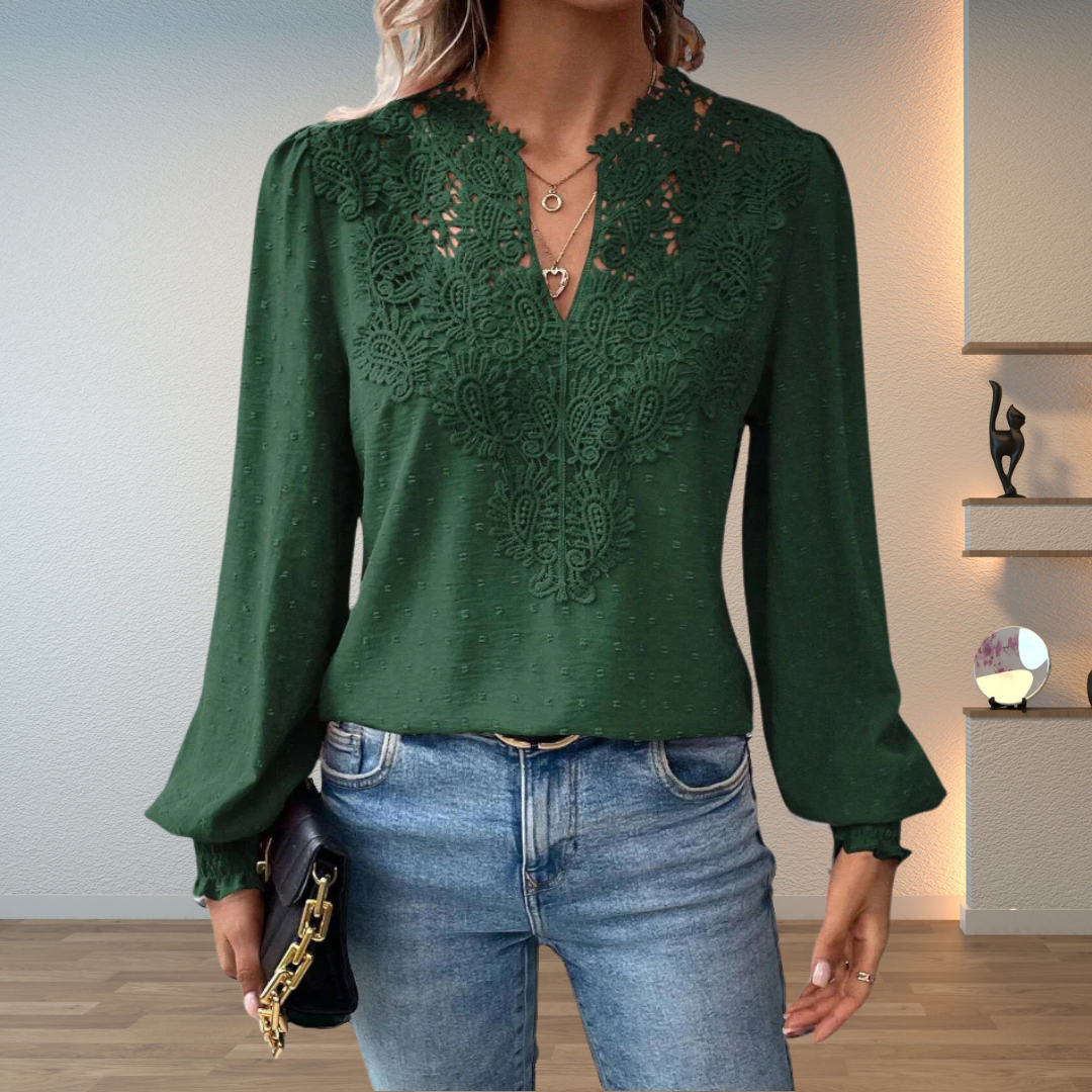Women’s Long Sleeve V-Neck Blouse with Dot Pattern and Ruffle Cuffs