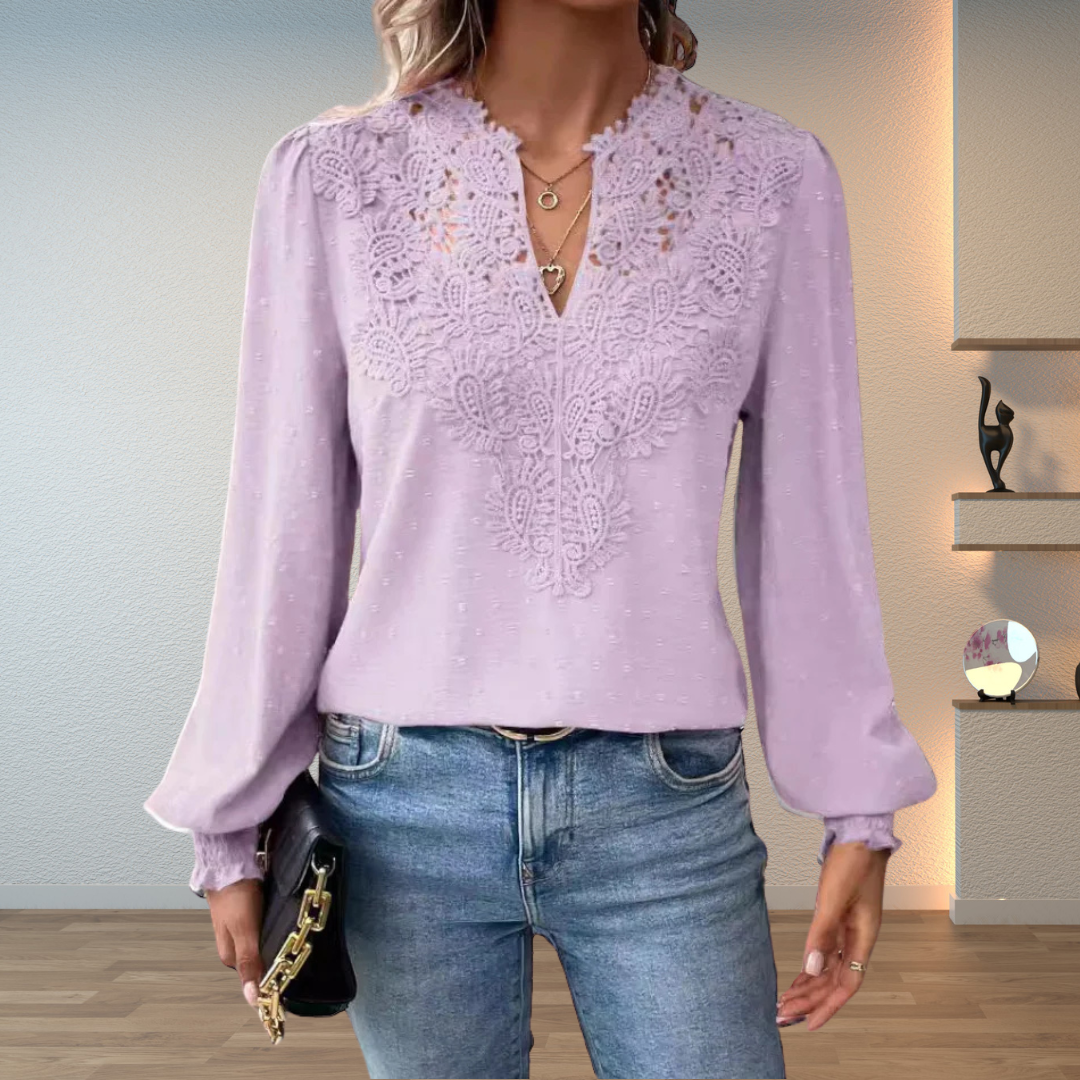 Women’s Long Sleeve V-Neck Blouse with Dot Pattern and Ruffle Cuffs
