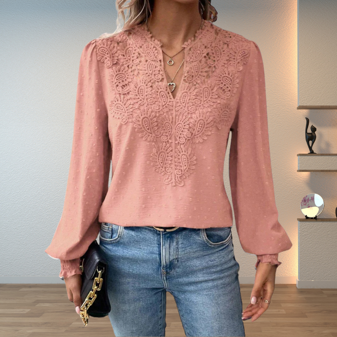 Women’s Long Sleeve V-Neck Blouse with Dot Pattern and Ruffle Cuffs