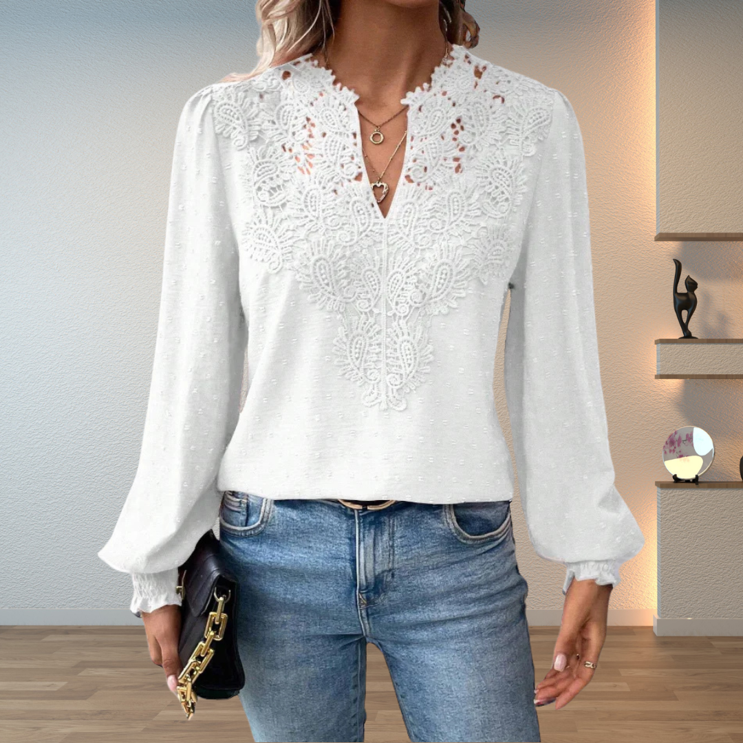Women’s Long Sleeve V-Neck Blouse with Dot Pattern and Ruffle Cuffs