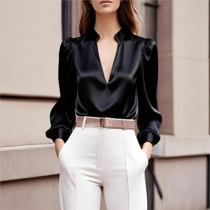 Women's Long Sleeve V-Neck Blouse with Stand Collar and Puffed Shoulders