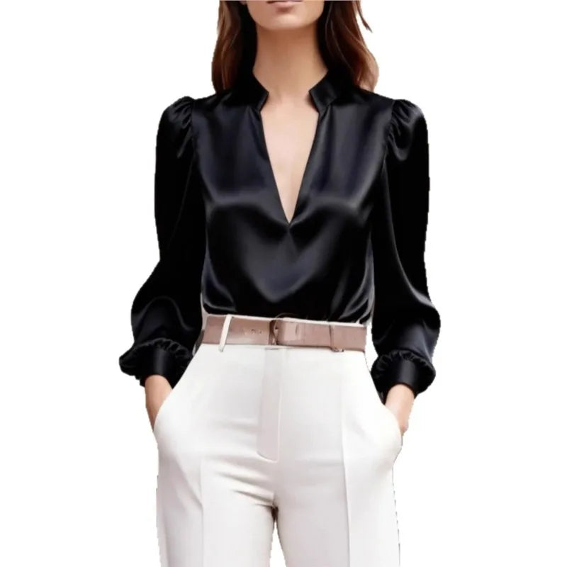 Women's Long Sleeve V-Neck Blouse with Stand Collar and Puffed Shoulders