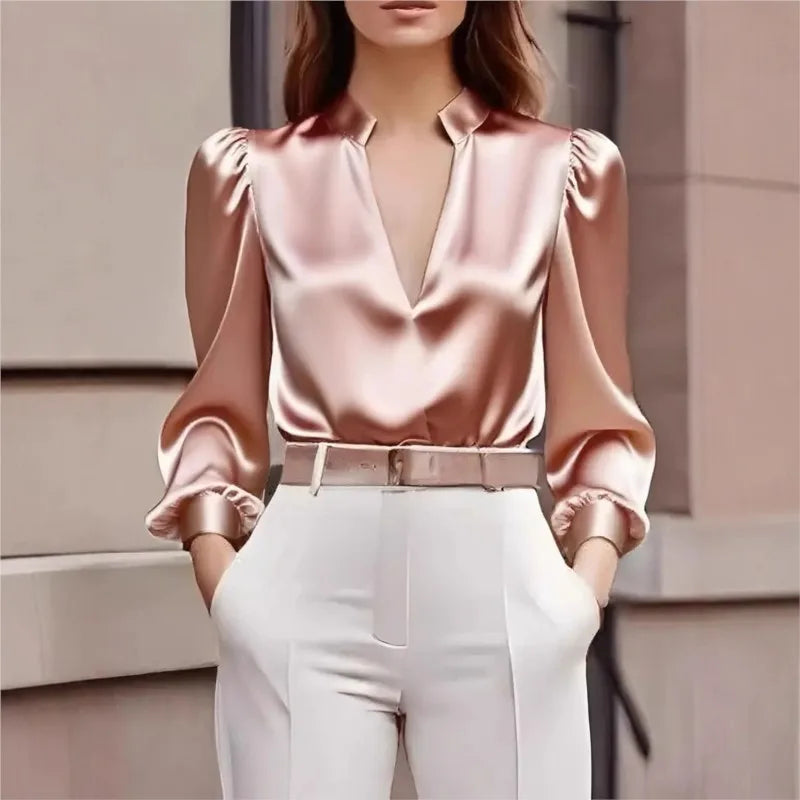 Women's Long Sleeve V-Neck Blouse with Stand Collar and Puffed Shoulders