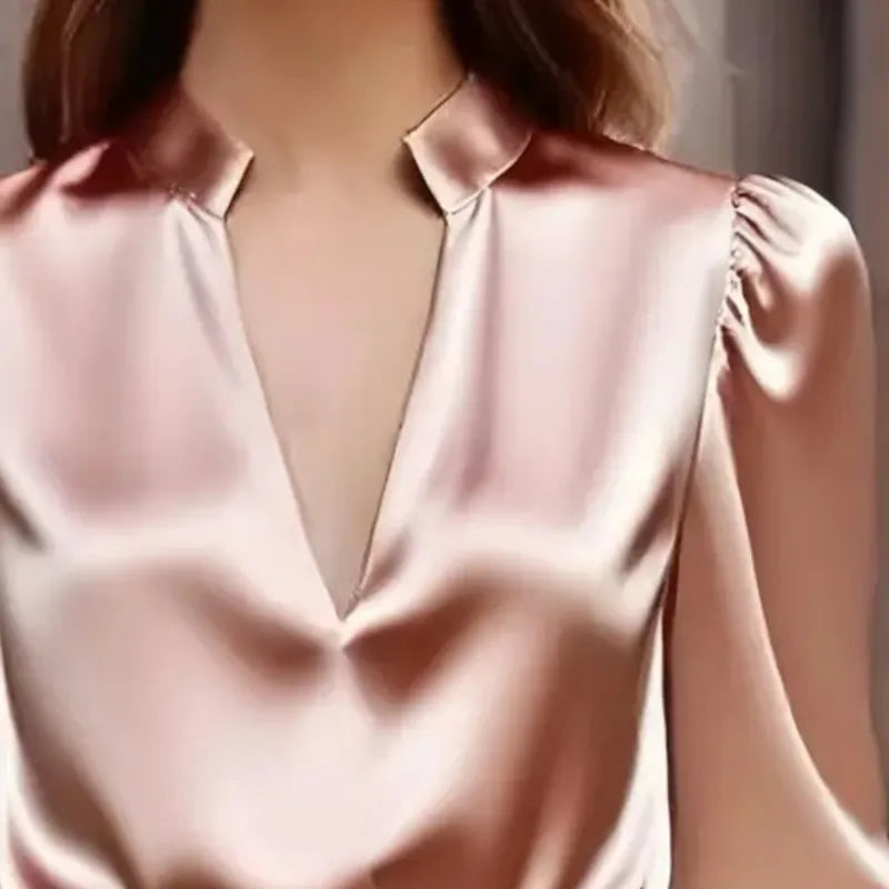 Women's Long Sleeve V-Neck Blouse with Stand Collar and Puffed Shoulders