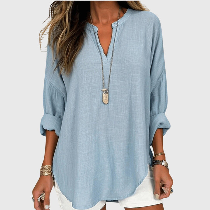 Women's Long Sleeve V-Neck Shirt with Split Collar and Curved Hemline