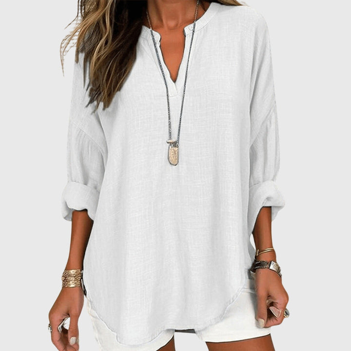 Women's Long Sleeve V-Neck Shirt with Split Collar and Curved Hemline