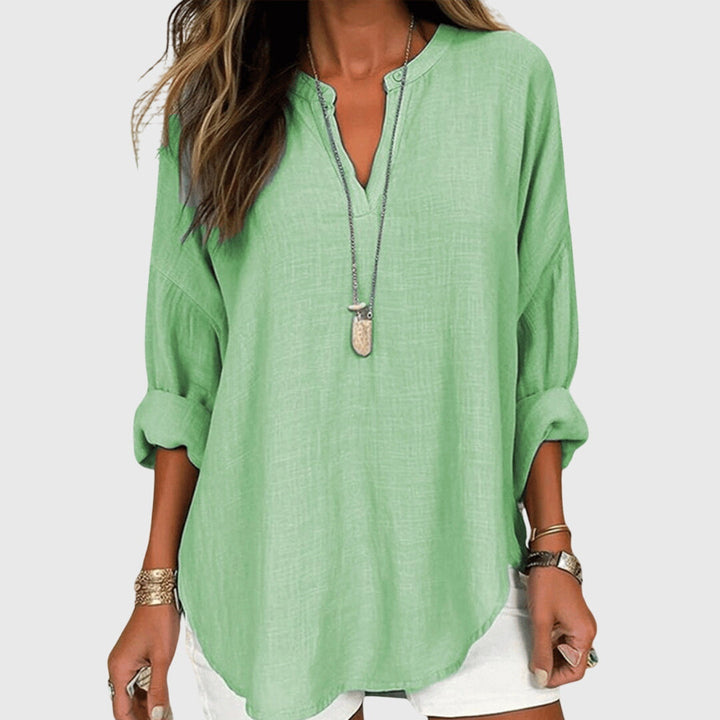 Women's Long Sleeve V-Neck Shirt with Split Collar and Curved Hemline