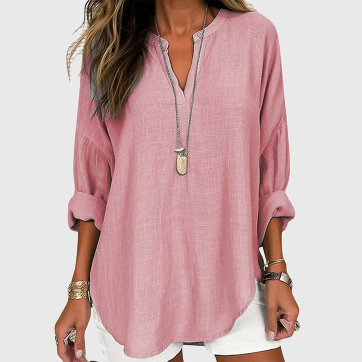 Women's Long Sleeve V-Neck Shirt with Split Collar and Curved Hemline
