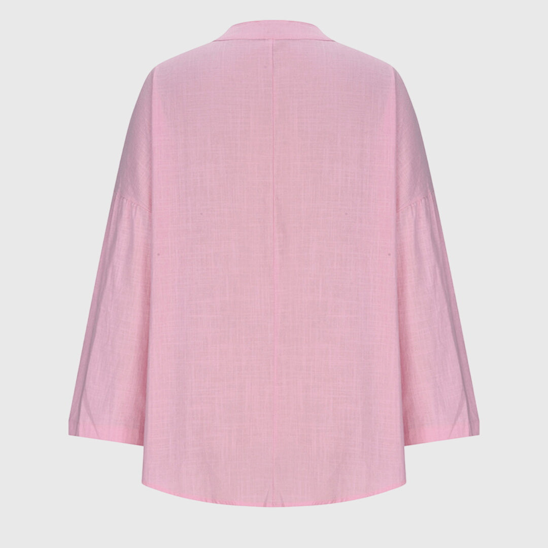 Women's Long Sleeve V-Neck Shirt with Split Collar and Curved Hemline
