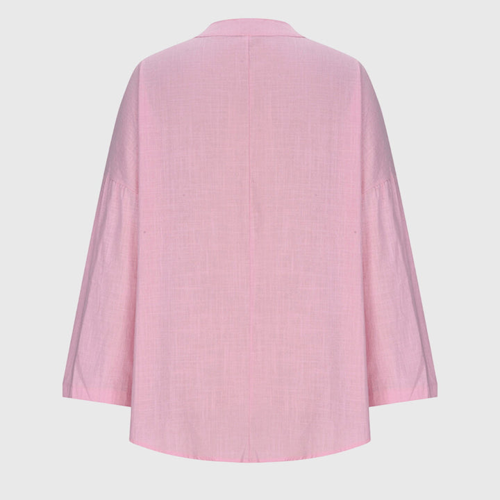 Women's Long Sleeve V-Neck Shirt with Split Collar and Curved Hemline