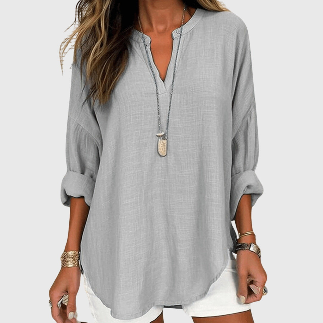 Women's Long Sleeve V-Neck Shirt with Split Collar and Curved Hemline
