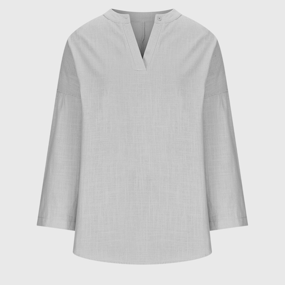 Women's Long Sleeve V-Neck Shirt with Split Collar and Curved Hemline