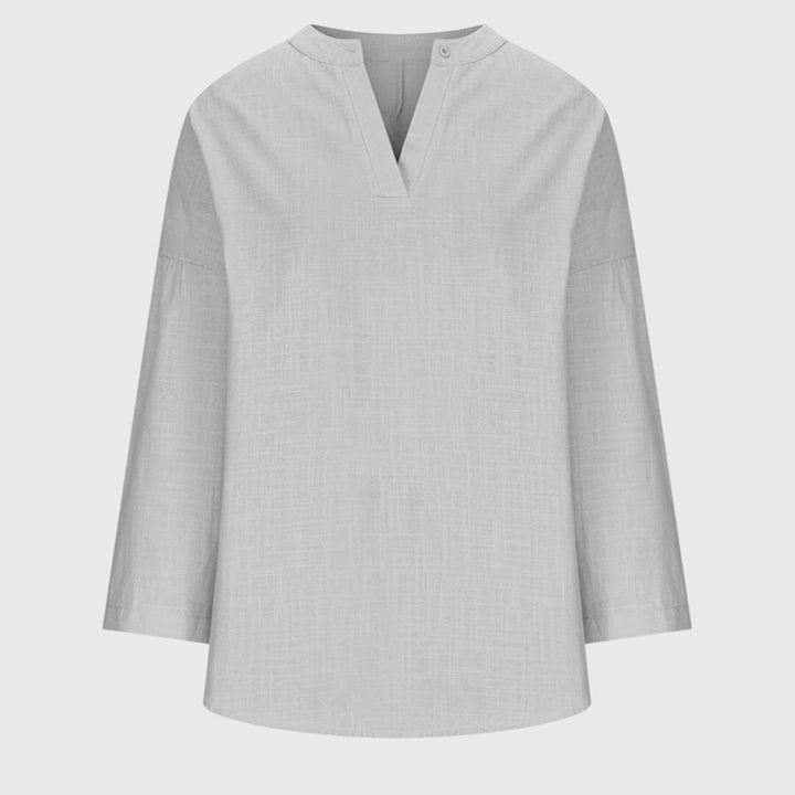 Women's Long Sleeve V-Neck Shirt with Split Collar and Curved Hemline