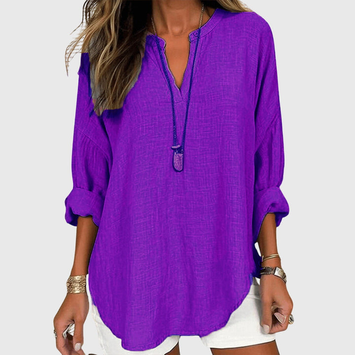 Women's Long Sleeve V-Neck Shirt with Split Collar and Curved Hemline