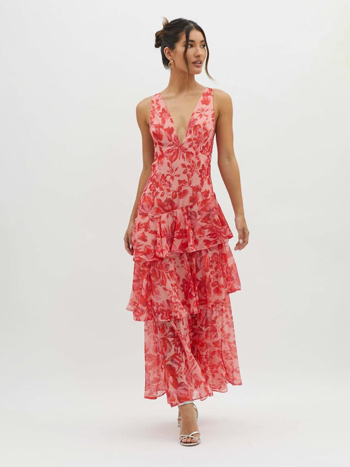 Women's Maxi Dress with Deep V-Neck and Tiered Ruffle Skirt