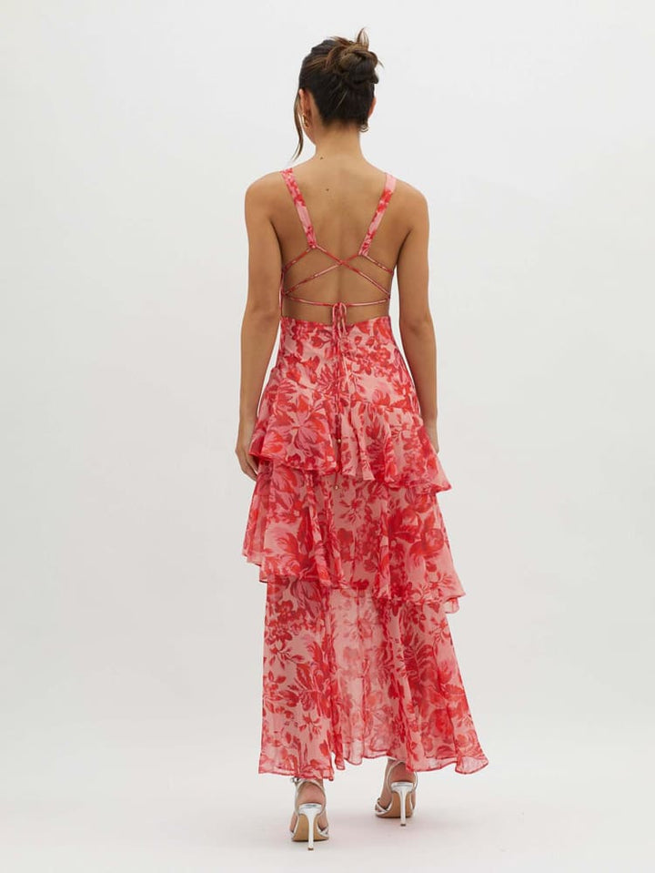 Women's Maxi Dress with Deep V-Neck and Tiered Ruffle Skirt