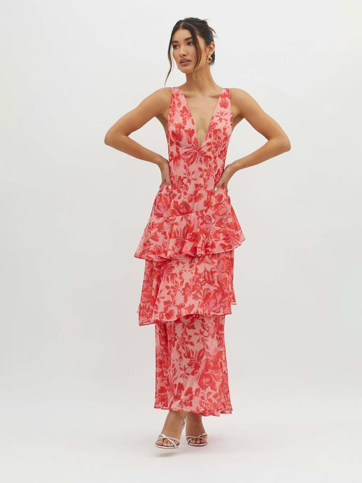 Women's Maxi Dress with Deep V-Neck and Tiered Ruffle Skirt