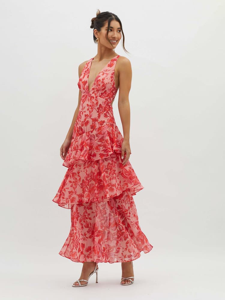 Women's Maxi Dress with Deep V-Neck and Tiered Ruffle Skirt