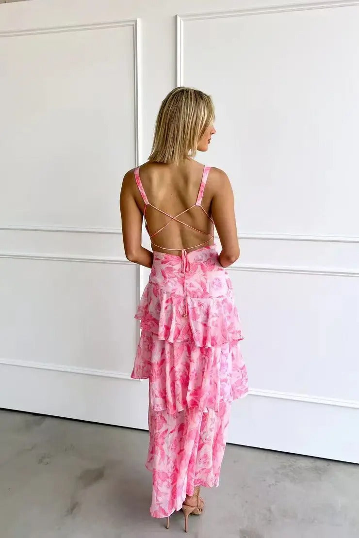 Women’s Maxi Dress with Deep V-Neck and Tiered Ruffles