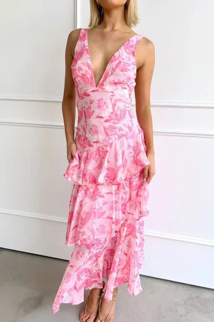 Women’s Maxi Dress with Deep V-Neck and Tiered Ruffles