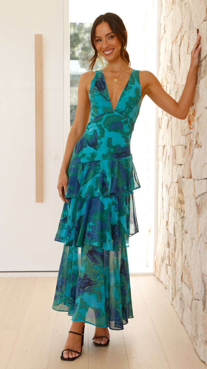 Women’s Maxi Dress with Deep V-Neck and Tiered Ruffles