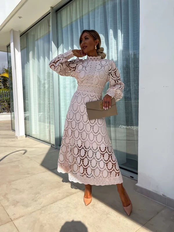 Women's Maxi Dress with High Neck Lace and Long Sleeves