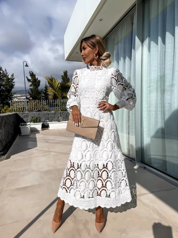 Women's Maxi Dress with High Neck Lace and Long Sleeves