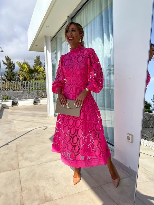 Women's Maxi Dress with High Neck Lace and Long Sleeves
