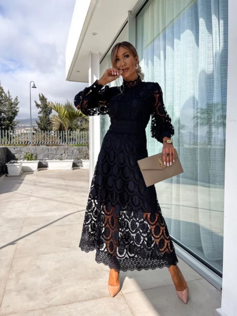 Women's Maxi Dress with High Neck Lace and Long Sleeves