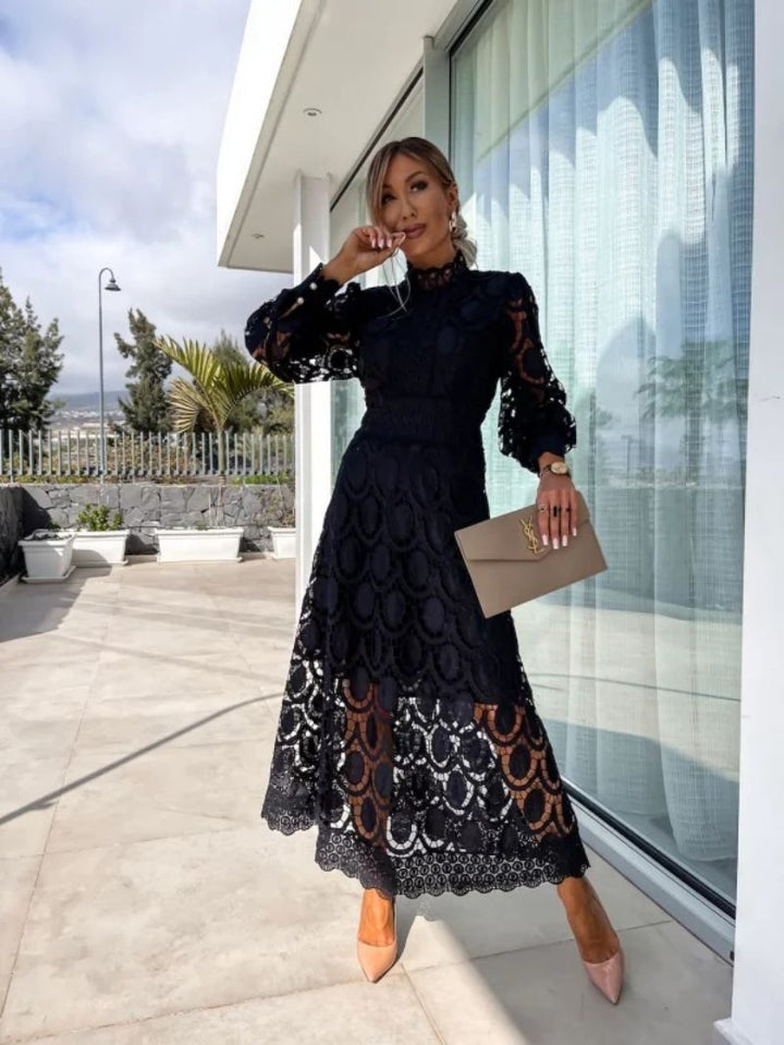 Women's Maxi Dress with High Neck Lace and Long Sleeves